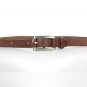 Vintage Narrow Tan Thick Leather Belt Silver and Leather Buckle Skinny Brown